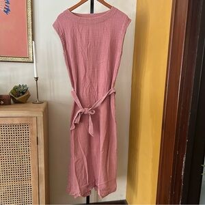 Faherty Organic Cotton Gauze Dream Costa Dress Boho Midi Tie Waist Pink Size S